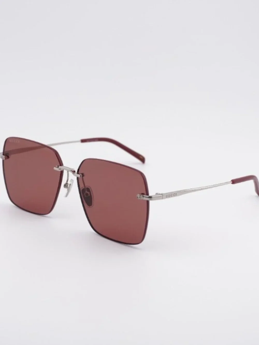 Gucci GG1955SA 003 Sunglasses Shiny Silver Square Frame, Burgundy Lenses